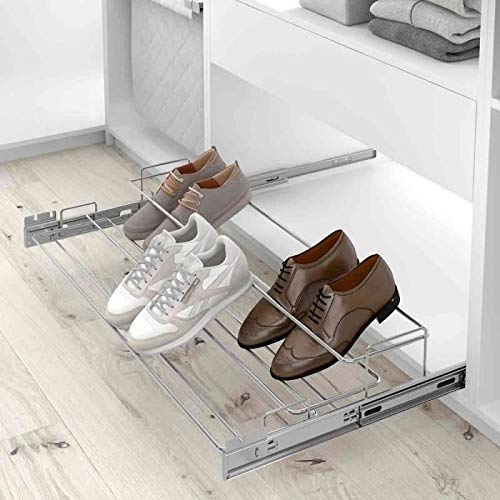 Range chaussures coulissant - Largeur maxi : 1000 mm - Largeur mini : 640 mm - Matériau : Acier - Profondeur : 485 mm - Hauteur : 135 mm - Décor : Chromé - Charge : 45 kg - MENAGE&CONFORT