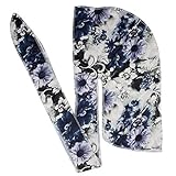 Floral Print Men Soft Silk Durag Long Tail Straps Spandex Wave Cap Bandanas Hat (Black)