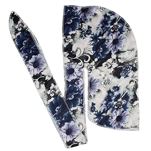 Floral Print Men Soft Silk Durag Long Tail Straps Spandex Wave Cap Bandanas Hat (Black)