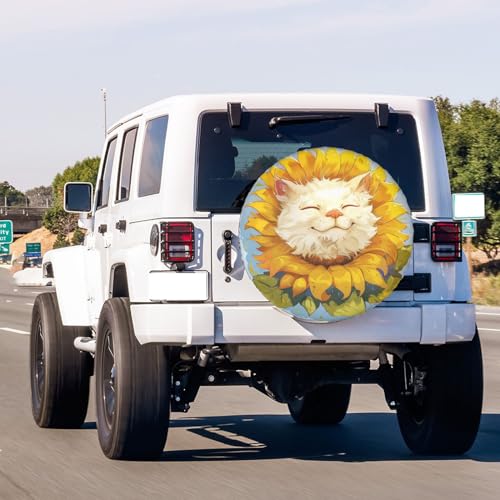 Image of Dujiea White Smiling Cat Like Sunflower Spare Tire Cover, Universal Wheel Tire Cover Waterproof Dust-Proof Tire Protectors for Trailer Rv SUV Truck Camper and Many Vehicle 14 15 16 17 Inch