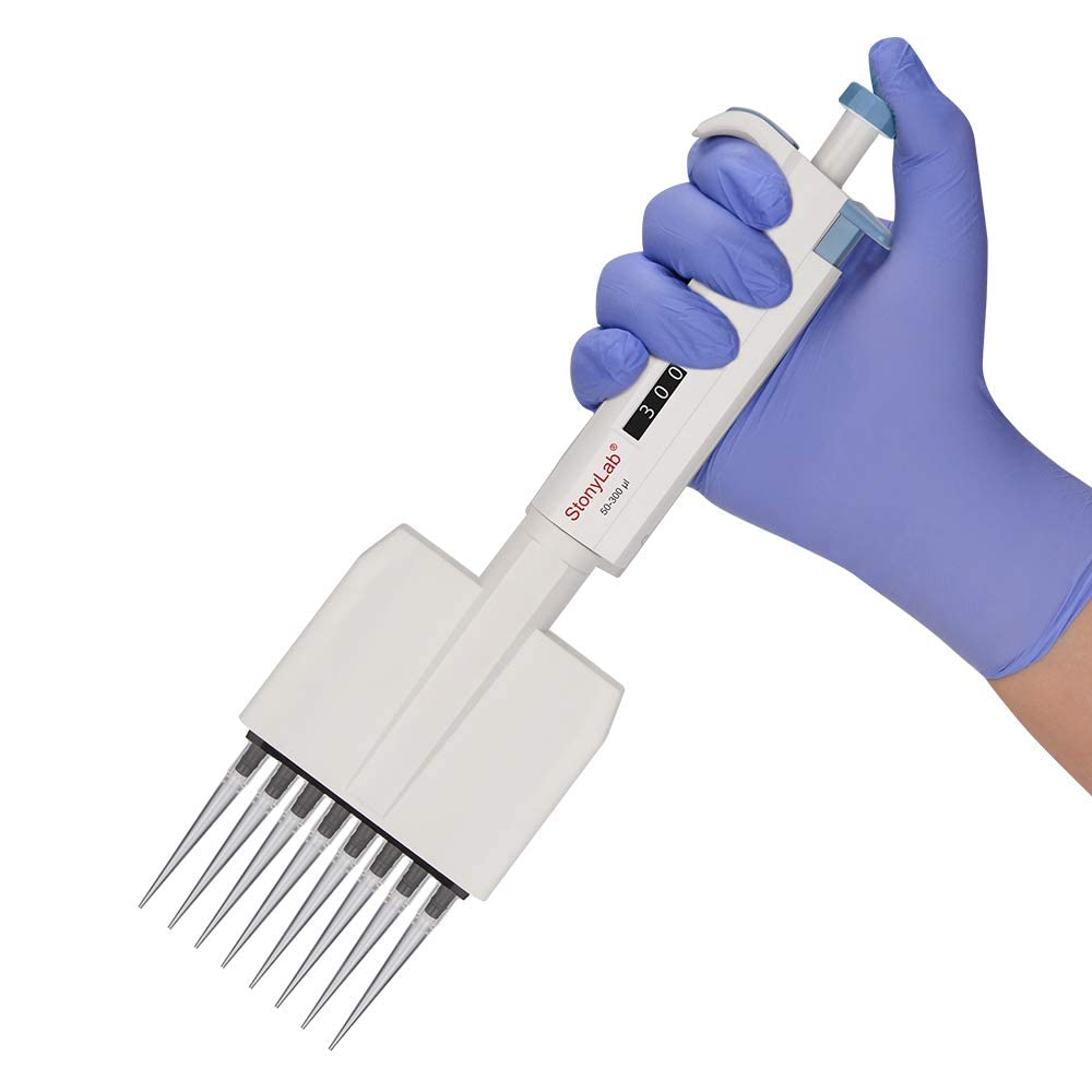 stonylab Controlador de Pipeta de 8 Canales, Pipeta Multicanal de Volumen Variable Ajustable con Cono de Punta Autoclavable, Multichannel Pipette para Investigación de Laboratorio, 50-300µL