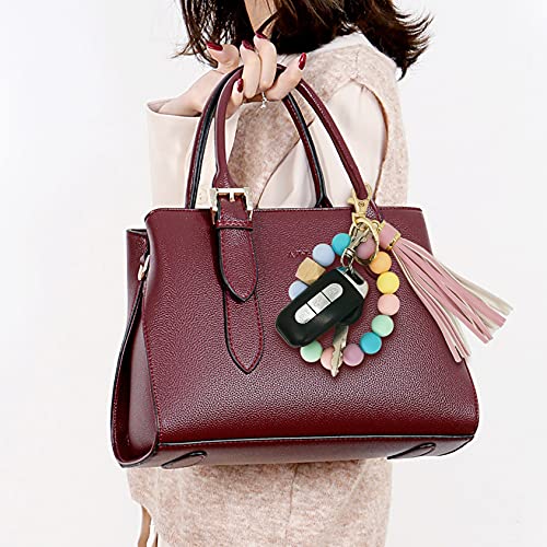 Redapric Keychain Beaded Bracelet For Women,Silicone Car Key Ring Wristlet With Soft Nylon Tassel，Beads Bangle Key Chain For Gift (Pink) #TOP5