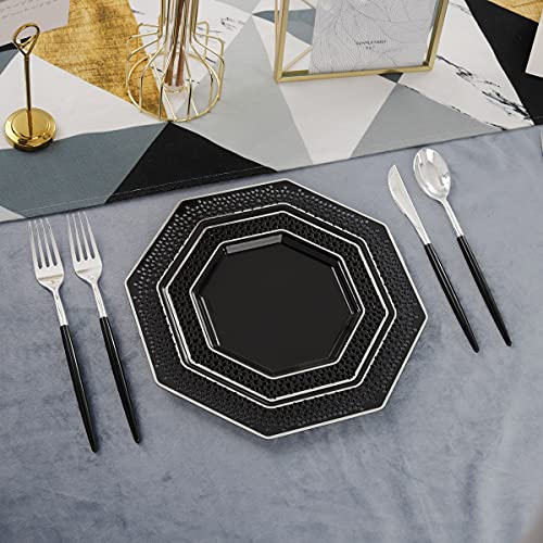 Wellife 150Pcs Black Plastic Plates With Disposable Silverware,Silver Cutlery With Black Handle, Perfect For Party, Includes:30 Dinner Plates, 30 Dessert Plates, 90 Black Cutlery #TOP3