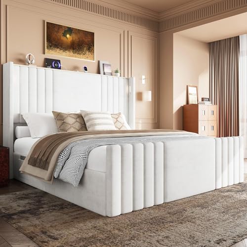 Image of Queen Bed Frame with 55.1 inch Tall Headboard, Velvet Upholstered Platform Bed with Channel Tufted Wingback, 2 Reading Lights /Storage Shelf /Charging Station /Easy Assembly /Noise-Free, Cream