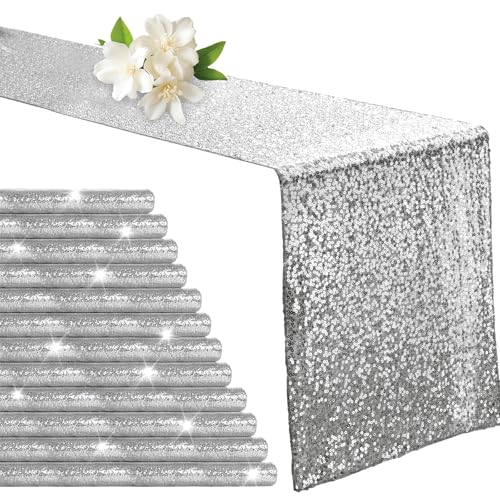 Aormenzy 12 Pack Silver Sequin Table Runner 12' x...