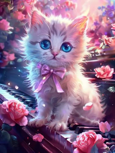 Diamond Painting Chat 5D au Piano | Kit Broderie Diamant Complet Adultes Débutants 50x70cm