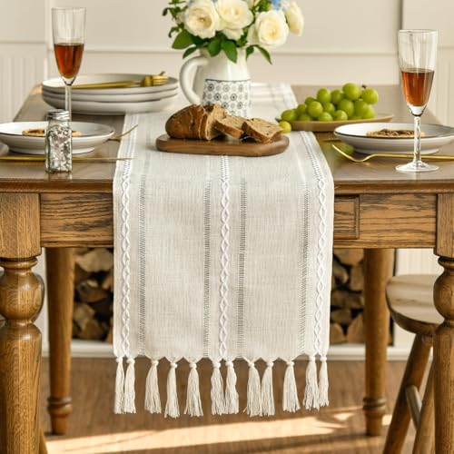Artoid Mode Boho Cream Tassel Table Runner, Farmhouse Style Kitchen Table Decoration Holiday Wedding Party Dinning Birthday Decor 33x143 cm - Image 4