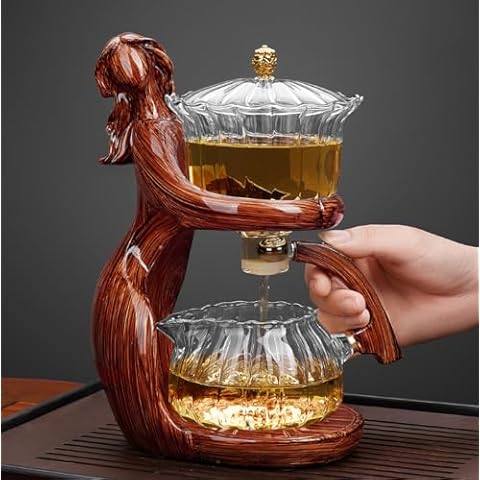 CUNHUY Lazy Kungfu Drip TeaPot, Heat Resistant Tea Set, Semi-Automatic Glass Teapot Suit for Magnetic Water Flow Wooden Glass Teapot Set with Cups (Red Maiden) Cover