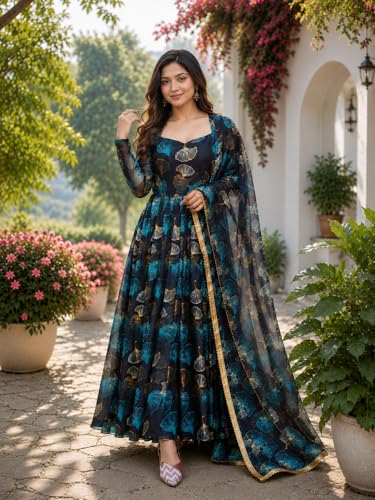Image of Anveri Women's Floral Printed Anarkali Gown with Dupatta | Ethnic Long Dress for Women | Designer Festive Maxi Kurta Set