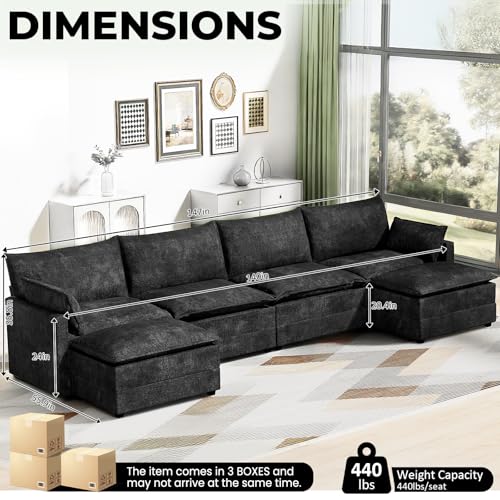 Image of LEVELEVE 147 inch U-Shape Modular Sofa with 2 Ottomans, Deep Seat Cloud Convertible Sleeper, 2 Arm Pillows, Comfortable Large Upholstered Furniture for Living Room Apartment, Black