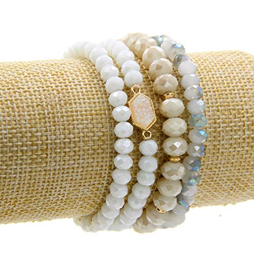 Gold Beaded Bracelet Set, Square Stone Hexagon Druzy Stretch Beaded Stackable Bracelets Bangles4