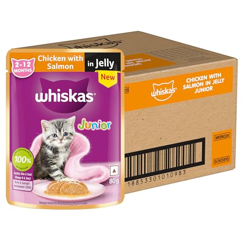 Image of Whiskas Junior Kitten (2-12 Months) Wet Cat Food, Chicken with Salmon in Jelly, 80 g x 28, Hydrating Food Made with Real Fish, 100% Complete & Balanced Nutrition for Kittens
