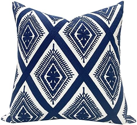 SLOW COW Embroidery Cushion Cover Decorative Throw Pillow Cover Geometric Invisible Zipper Pillow Cover for Living Room, 18x18 Inch, Navy Blue