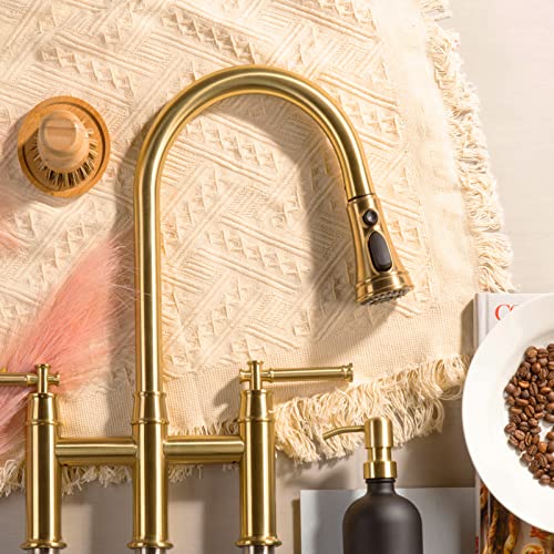 Brushed Gold Bridge Kitchen Faucet With Pull Down Sprayer, Lava Odoro Transitional Brass Kitchen Sink Faucet 3 Hole 2 Handle Spot-Resistant, Lead-Free, Kf501-Sg #TOP1