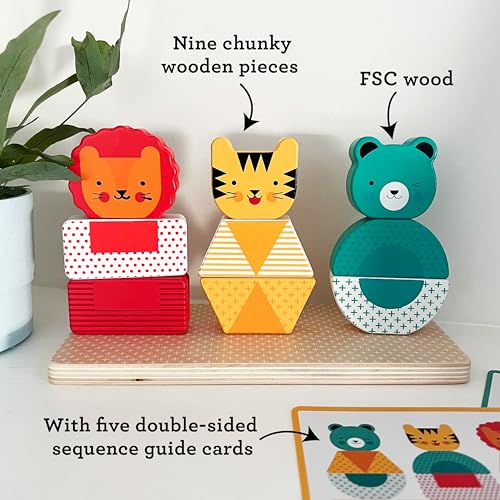 Image of Petit Collage: Wooden Stacking Puzzle, Lion, Tiger, and Bear | Mix and Match Puzzle with 3 Stacks |Includes Guide Cards for Color and Shape Matching | Great for Ages 18 Months +