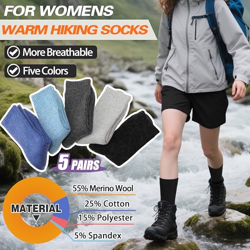 Image of Sandsuced 5 Pack Merino Wool Boot Hiking Socks for Women Warm Winter Thick Thermal Cozy Work Soft Ladies Socks