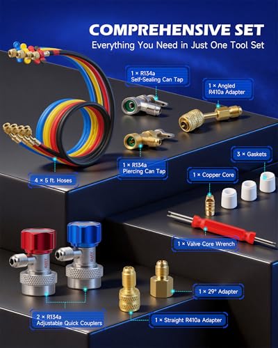 Image of OMT 4 Way AC Diagnostic Manifold Gauge Kit for R134A R410A R22, 5ft Hoses | Includes R134a Couplers Self-Sealing Piercing Can Taps R410a & 29 Adapter ; Solid Brass Build; Ideal for Auto Freon Recharge
