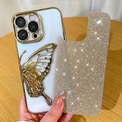 Image of SHINESTAR 3D Butterfly Case for iPhone 15 Pro Max Cover, Cute Girly Glitter Bling Luxury Back Cover for Women Girls Protective Shockproof Slim Camera Protection for iPhone 15 Pro Max - Gold