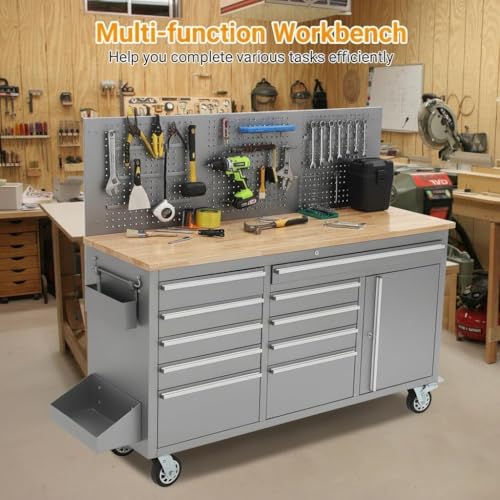 Image of 61-Inch Rolling Tool Chest, Workbench with 10 Drawers, Solid Rubber Wood Top,1675 LBS Load, Locking Storage Cabinet, Heavy-Duty Steel Frame with Wheels and Power Strip, Silver