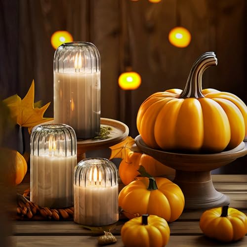 Image of Ribbed Glass Battery Candles - FLameless Candles with Remote, Sage Green LED Candles with Timer, Warm Light, Lasting 350 Hrs and Brightness Adjustment, Φ 3 inch H 4 inch 5 inch 6 inch, Set of 3 for Christmas Decor