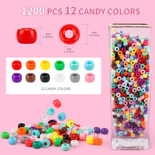 1200+pcs Pony Beads 9mm Kandi Beads for Bracelets, Hair Beads for Braids Plastic Colorful Beads Bulk Acrylic Assorted Beads for Crafts Keychains Jewelry Friendship Bracelet Kit2