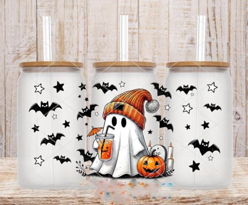 Ghost Halloween Uv Dtf, 16oz Glass Cup Tumbler Wrap, Halloween Party Decorations, Pumpkin and Bats Libby Wrap, Spooky Uv Dtf Transfer, DIY Crafts Mug Transfer