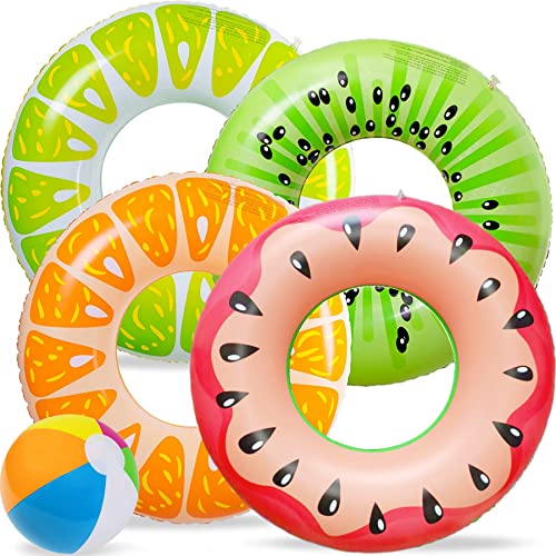 Politesse & Romance 5PCS Fruta Piscina Flotadores Sandía Kiwi Naranja Limón Natación Anillos 75CM y Beach Ball 20CM, Tubos inflables Floaties Juguetes para...
