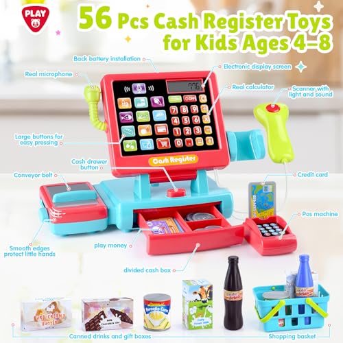 Image of PLAY Kids Cash Register Toy Supermarket with Register Pretend Play Calculator Register Toys with Scanner /Microphone /Credit Card /Conveyors /Cans /Drink /Play Money, Cash Register for Kids Ages 3+