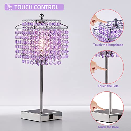 Image of Luvkczc Purple Bedside Crystal Table Lamp Set of 2, Touch Control Lamps | Dimmable Lamp with Crystal Shade for Bedroom, Girl Living Room, 6W B11 Bulb Included