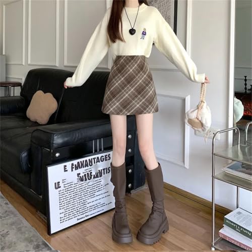 Women's Spring High-Waisted Slim-Fit Hip-Wrapping Plaid Midi A-Line Skirt4