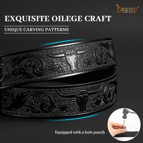JASGOOD Western Leather Belt Strap for Men Engraved Cowboy Belt Strap without Buckle 1.5'' Wide Long Horn Bull Western Belt2