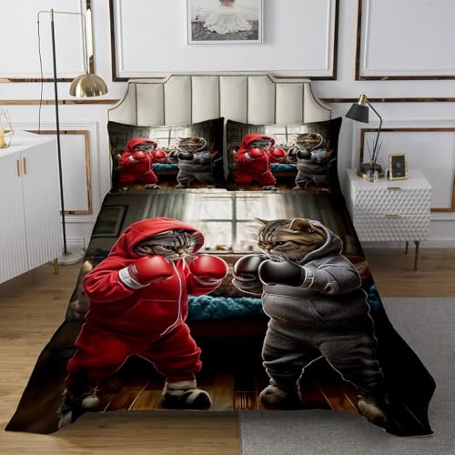 Manfei Boxing Cat Kids Bedspread Twin Size,Cute Animal Cartoon Pet Coverlet Set,Boys Girls Room Decor,Extreme Competitive Sports Games Fashion Quilted Coverlet,Red Black Bedding Quilt,1 Pillowcase