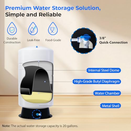 Image of iSpring T20M 20 Gallon Pre-Pressurized Tank for Reverse Osmosis (RO) Systems with 14 gallons of Water Storage Capacity, White