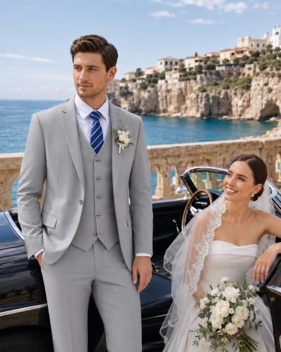 Image of Cooper & Nelson Men's Suit Slim Fit, 3 Piece Suits for Men, One Button Solid Jacket Vest Pants with Tie, Tuxedo Set