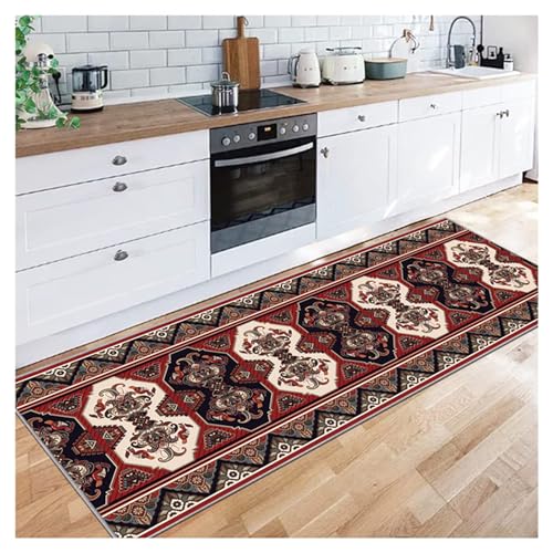 Siunwdiy Alfombra de Pasillo Larga 60 X 120cm Lavable Antideslizante Alfombra Cocina Negro-Rojo Medallón Retro Poliéster La Alfombras de Pasarela para Salón Cocina Baño Dormitorio Alfombrilla