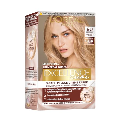 L'Oréal Paris Permanente Haarfarbe für jeden Hautton, Coloration ohne Ammoniak, Universale Nude-Töne mit vollständiger Grauhaarabdeckung, Excellence Creme, Nr. 9U Sehr helles Blond (Blond), 1 Stück