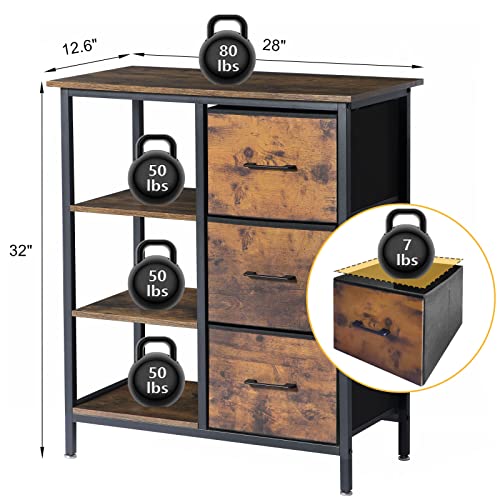Rustic Storage Dresser With Drawers And Shelves -28''L×13''W×32''H Industrial Storage Cabinet With 3 Lightweight Linen Drawers, Metal&Wood Entryway Storage Unit,Kitchen Coffee Bar Cabinet,Dark Brown #TOP1