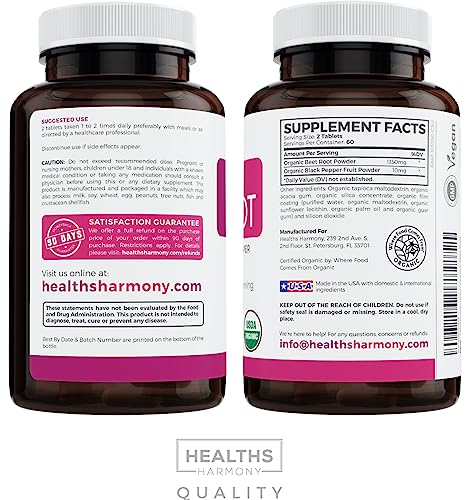 USDA Organic Beet Root Powder (120 Tablets) 1350mg Beets Per Serving with Black Pepper for Extra Absorption - Super Antioxidant and Nitrate Supplement for Athletic Performance and Stamina- No Capsules