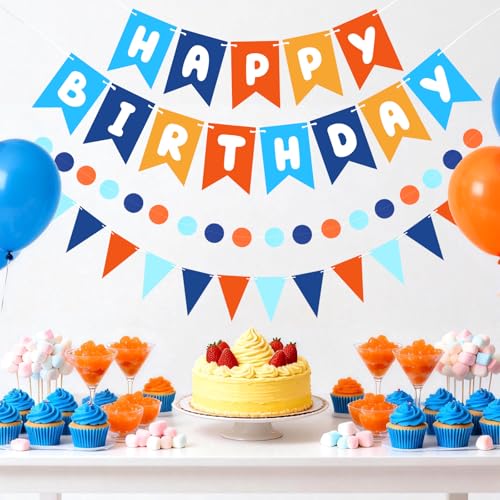 Image of Blue Orange Happy Birthday Banner Hanging Sign Circle Dot Triangle Bunting