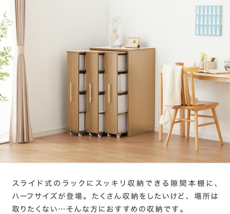 リコメン堂 本棚 スライド スリム 3列 ハーフタイプ 大容量 キャスター