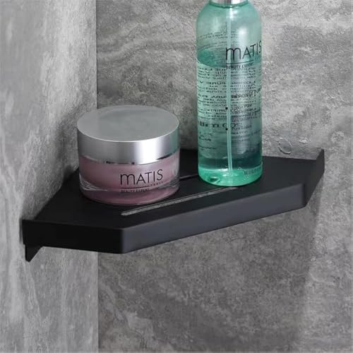 LecuSyn Bathroom Corner Shower Caddy Stainless Steel Shelf Wall Mount Triangular, Drill Free with Glue or Wall Mount with Screw?Black?