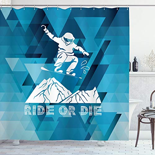 Ambesonne Adventure Shower Curtain, Ride or Die Sketch Letters Abstract Fractal Backdrop with Snowboarding Man, Cloth Fabric Bathroom Decor Set with Hooks, 69" W x 75" L, Purple Blue White