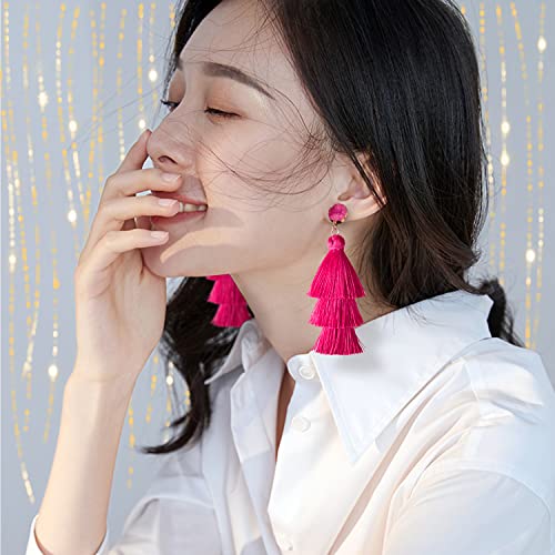 Belmarti Colorful Statement Layered Tassel Earrings, Druzy Stud Bohemian Dangle Drop Earrings, Handmade Lightweight Holiday Costume Jewelry Gift For Women Girls Mother's Day (Three-Layered Shocking Pink) #TOP1