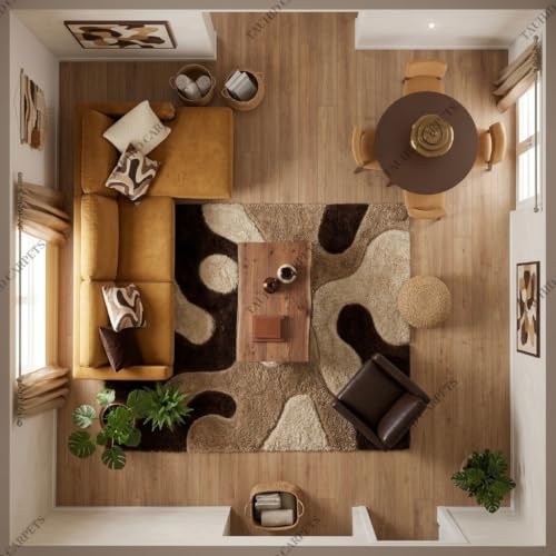 Image of Tauhid Carpet Super Soft Microfiber Shaggy Area Rug Modern Abstract Beige Brown & Cream Plush Carpet | Fluffy Floor Rug for Living Room, Bedroom 4x6 Feet.