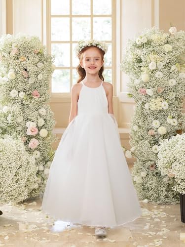 Girls Tulle Pageant Dresses Flower Girl O-Neck Wedding Party Spaghetti Strap First Communion Dress Tie Back2