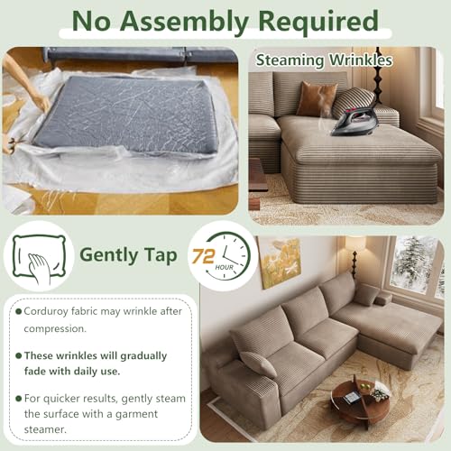 Image of 107 inch Cloud Couch Modular Sectional Sofa for Living Room, L-Shape Boneless Couch with Deep Seat, Modern Corduroy 3-Seater, No Assembly Required (Camel Brown,Right-Facing Chaise)