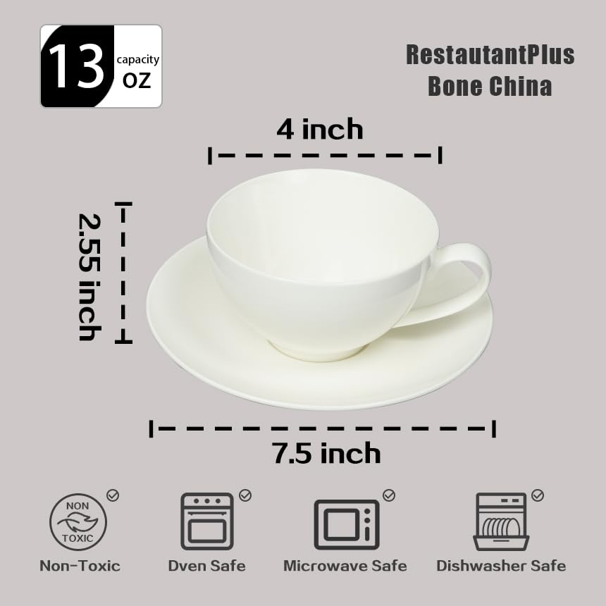 HomeVss, Bone China Coupe Shape, Elegance White Royal Cappuccino Cup 13oz & Saucer Set, Case of 6 Sets