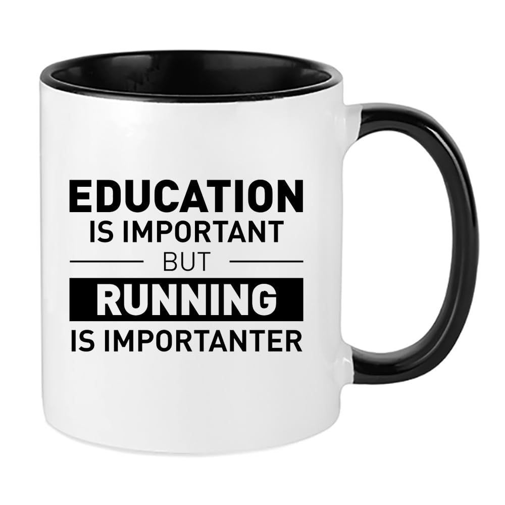 Giftme Education is Important but Running is Importanter, Running Mug, 11oz Inside Coloured Ceramic Mug. (Black)
