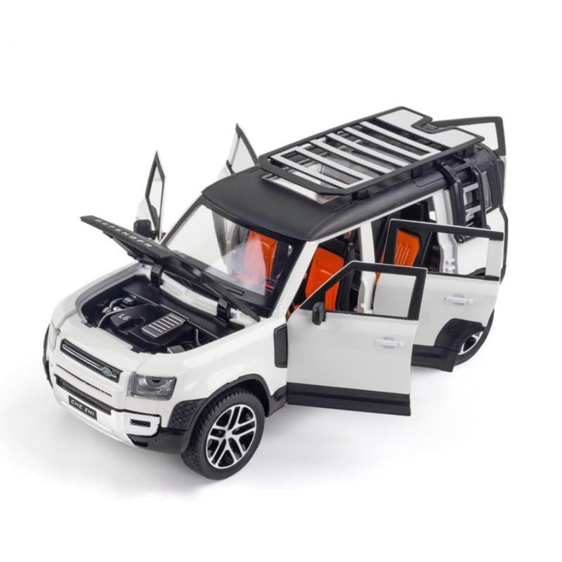 Image of 1:24 Land Rover Defender Alloy Diecast Model Car, Pull Back Vehicle with Openable Doors, Sound & Light Effects, Toy for Kids, for Car Enthusiasts and Collectors. (White)