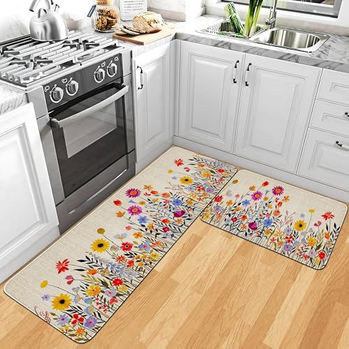 Trengaois Colorful Wildflower Pattern Kitchen Mat Set of 2 -
